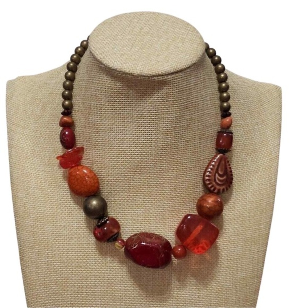 Treska Womens Chunky Beaded Statement Necklace Orange Red Bronze Earthy Boho NWT